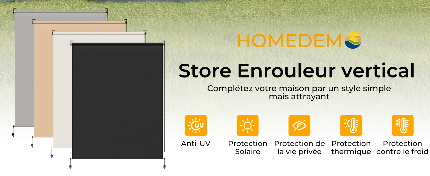 Le texte indique « HOMEDEM » et « Store Enrouleur vertical ». Schéma technique du volet roulant vertical avec indicateurs de mesure et icônes de caractéristiques.