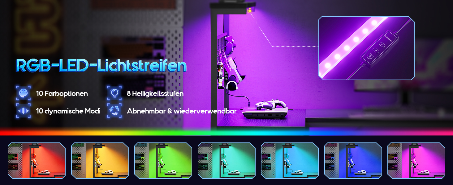 RGB-LED-Lichtleiste in violetter Beleuchtung. Zu den Funktionen gehören 10 Farbmodi, 6 Helligkeitsstufen und 10 dynamische Modi. Im unteren Bereich werden verschiedene Farboptionen angezeigt.