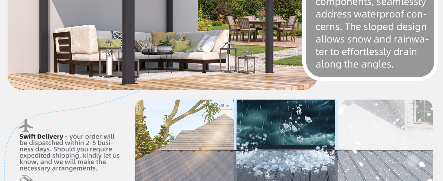 Text reads 'Waterproof &amp; durable: address waterproof concerns. The sloped design sheds water and reduces pooling. Angled corners along the angles.' Interior design composite showing furniture arrangement, outdoor seating area, and textured surface samples in neutral tones.