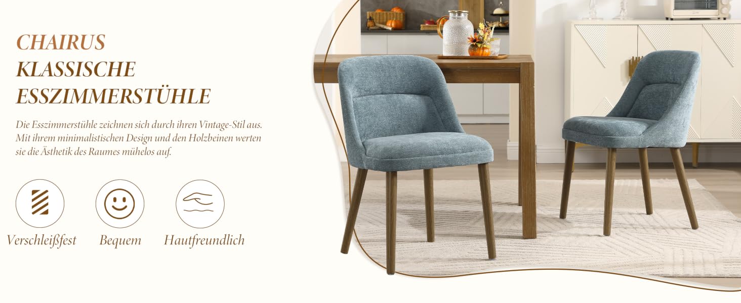 Der Text lautet 'CHAIRS KLASSISCHER ESSZIMMERSTUHL'. Werbung mit Esszimmerstühlen mit Textüberlagerung und mehreren Produktansichten.