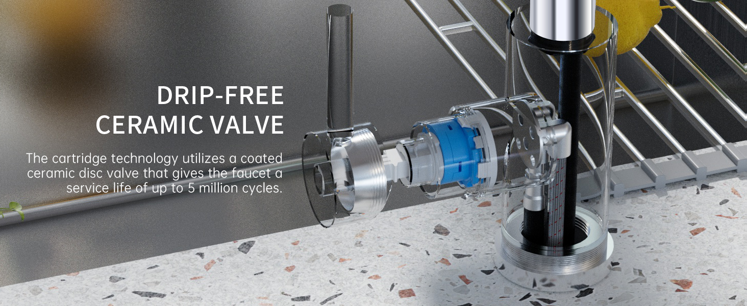 Close-up of a drip-free ceramic valve in a faucet or plumbing fixture, with text label and visible internal components.