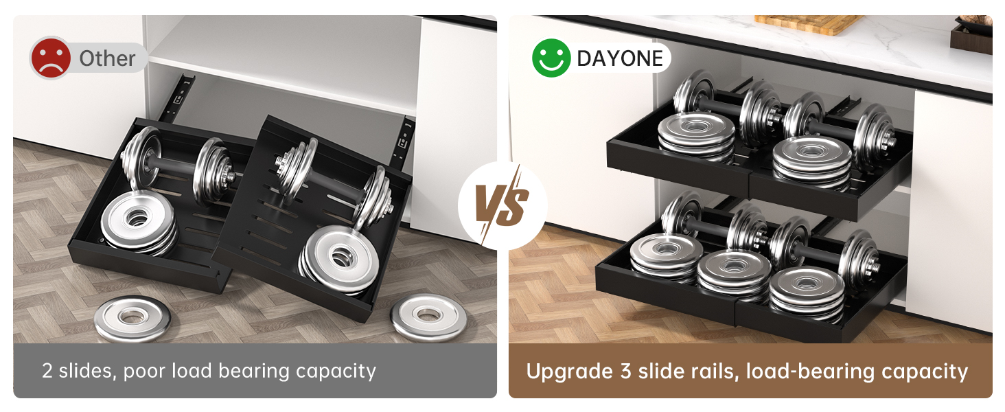 Comparison of two sliding weight storage systems. Left: 2-tier system with limited capacity. Right: 3-tier system with improved load-bearing capacity, showcasing organized weight plates.