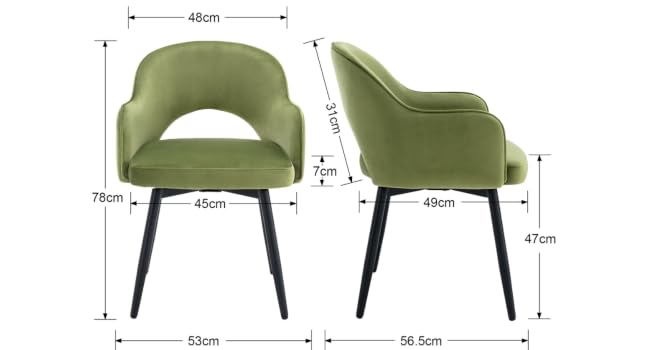 avec dossier et accoudoirs incurvés. Pieds en métal noir. Le schéma montre les dimensions : 78 cm de haut, 53 cm de large, 56,5 cm de profondeur, hauteur d'assise 47 cm.