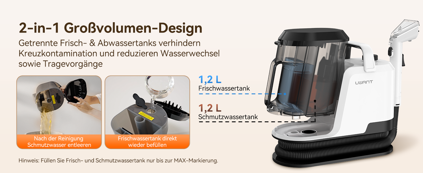 Der Text lautet „2-in-1 Großvolumen-Design“ und „Generelle Frisch- &amp; Abwassertanks verbindbar“. Kompaktes Wassertanksystem in Weiß und Schwarz mit abnehmbaren Komponenten, die aus mehreren Blickwinkeln dargestellt sind.