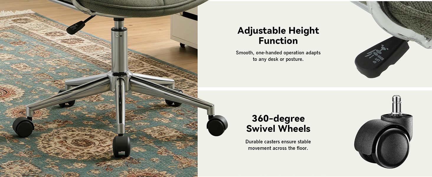 Text reads 'Adjustable Height Function' and '360-degree Swivel Wheels'. Multiple views of office chair caster wheels on carpet, showing mobility and height adjustment features.