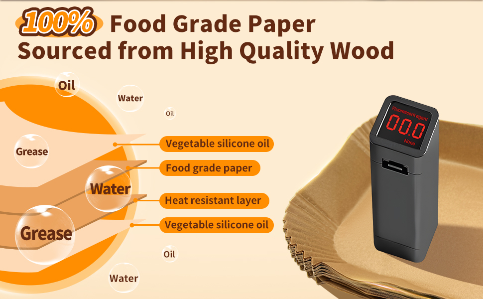 realizzato in legno, con struttura a strati resistente a olio, acqua e grasso. Dispositivo digitale con display rosso accanto al campione di carta.