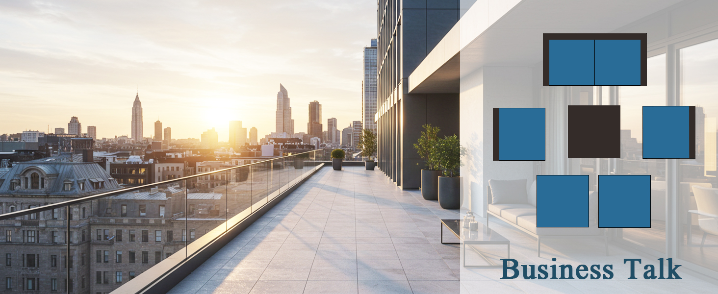 Text reads 'Business Talk'. Split image showing city skyline at sunset and arrangement of blue screens or displays on a wall.