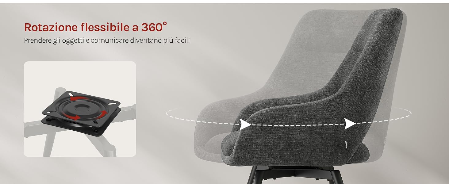 Il testo recita «Rotazione flessibile a 360°» con sottotitoli sulle capacità di rotazione. Prodotto piatto montato su un supporto regolabile mostrato da più angolazioni, che dimostra una flessibilità di rotazione a 360 gradi.