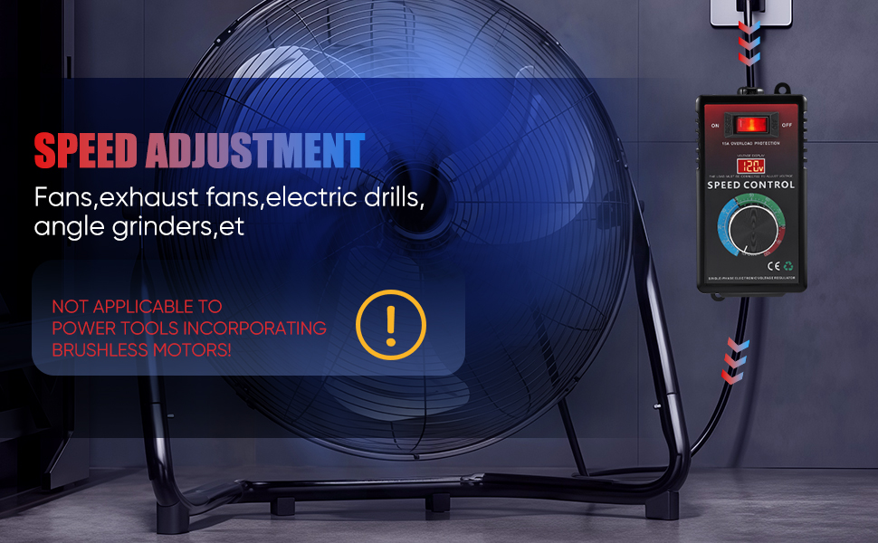 Text reads 'SPEED ADJUSTMENT' and 'Fans/exhaust fans,electric drills, angle grinders et'. Digital control interface with blue lighting effects and technical indicators.
