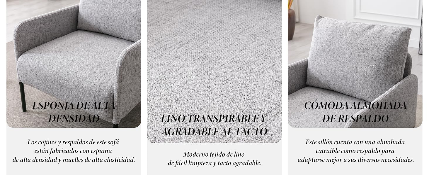 Tres paneles que muestran un sofá de tela gris.
