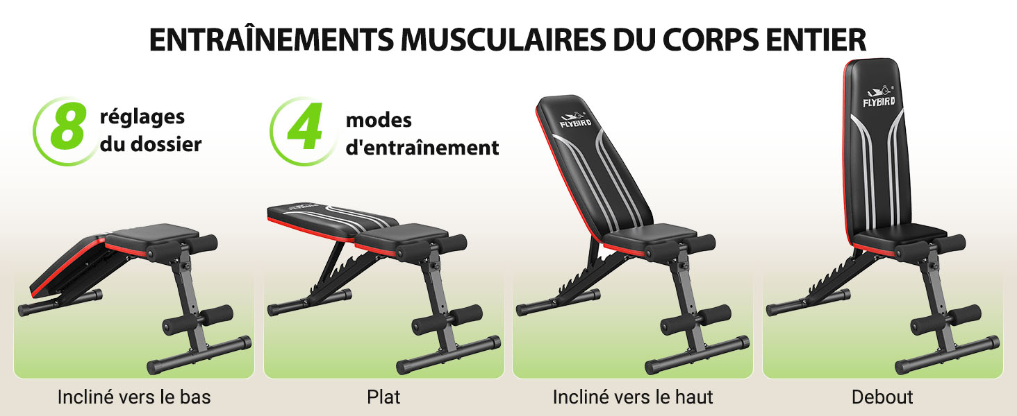 Le texte se lit comme suit : « ENTRAÎNEMENTS MUSCULAIRES DU CORPS ENTIER ». Schéma pédagogique montrant quatre positions de push-up avec des étapes numérotées et un fond vert.