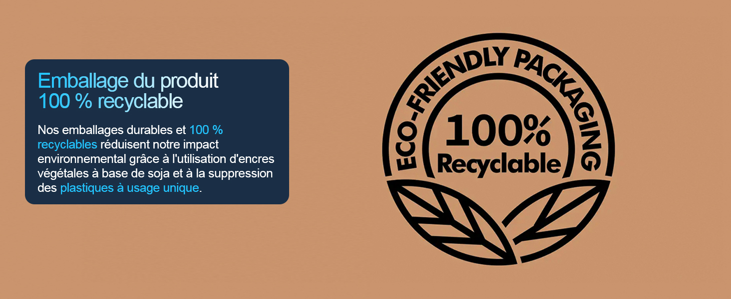 Le texte indique « Emballage du produit 100 % recyclable » et « 100 % RECYCLABLE » avec le logo en forme de feuille. Fond beige avec zone de texte bleue et emblème de recyclage circulaire sur le côté droit.
