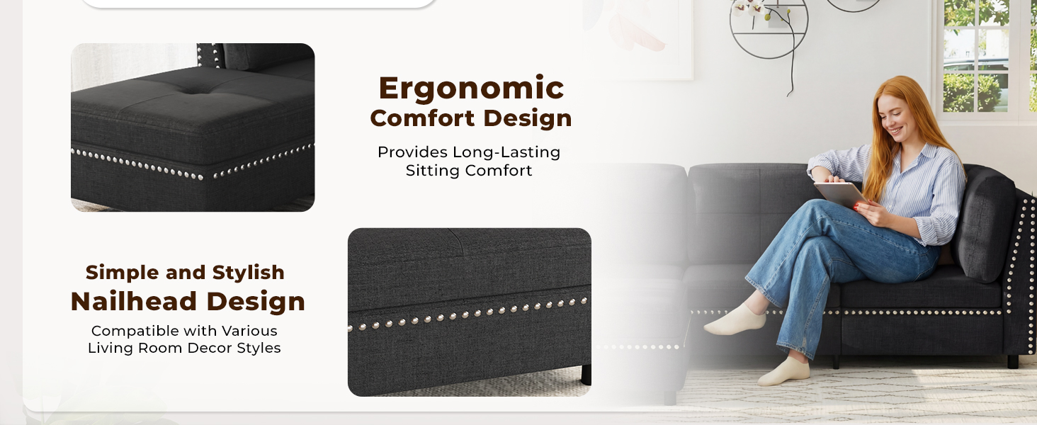 Text reads: 'Simple and Stylish Nailhead Design' and 'Ergonomic Comfort Design'. Shows black upholstered furniture piece with decorative nailhead trim.