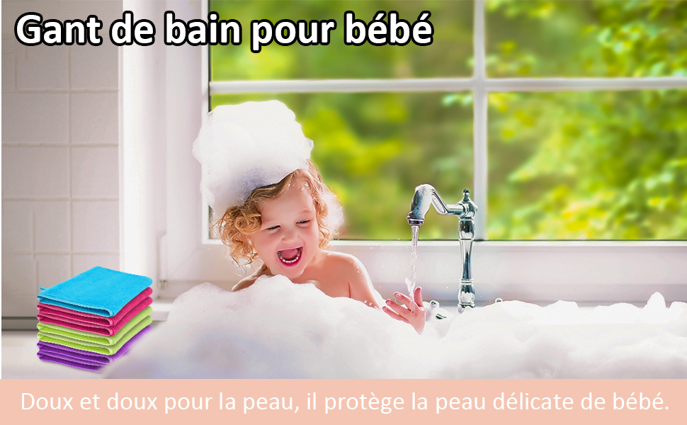 pour le gant de bain pour bébé. Montre un bébé dans une baignoire avec un bonnet de bain blanc. Le texte indique que le gant est doux et doux pour la peau délicate de bébé.