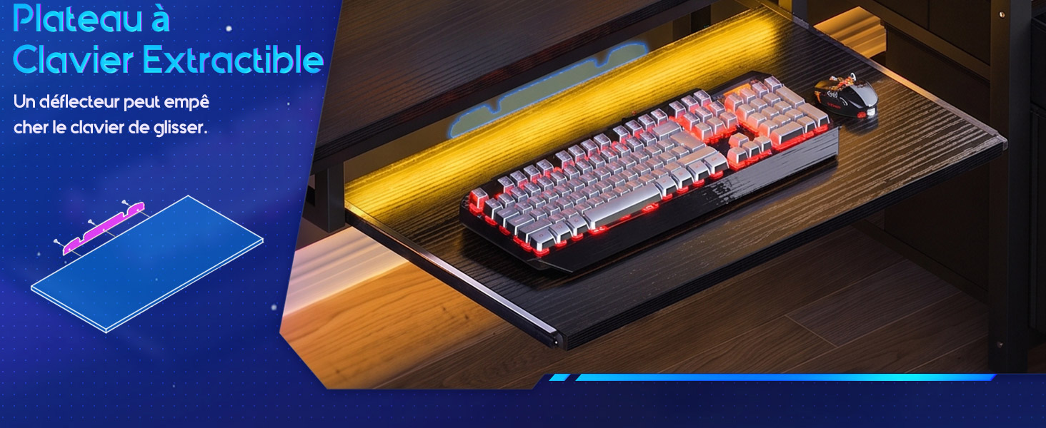 Le texte se lit comme suit : « Plata6.5 », « Clavier Extrêmable », « Un clavier sans-fil simple pour vos jeux en plus ». Clavier mécanique avec touches lumineuses affichées sur un support en bois sur fond sombre.