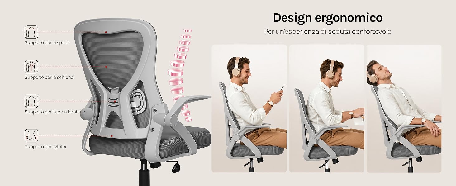 Il testo recita «Design ergonomico». Sedia da ufficio ergonomica grigia mostrata da più angolazioni con caratteristiche e posizionamento regolabili.