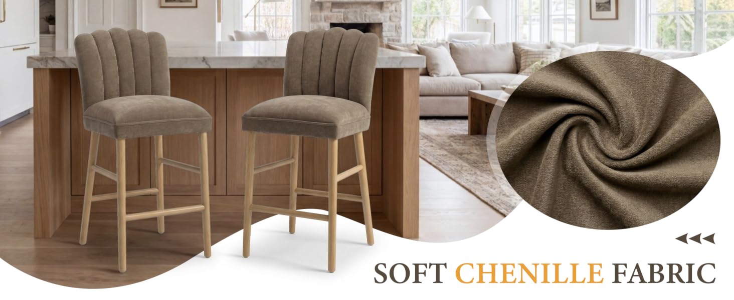 Text reads 'SOFT CHENILLE FABRIC'. Two bar stools with beige upholstery next to wooden counter, with close-up detail of textured brown fabric showing swirled pattern.