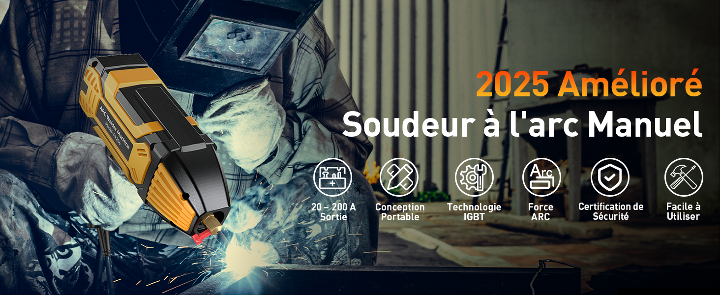 en cours d'utilisation, avec une étincelle de soudage brillante. Appareil jaune tenu par des mains gantées. Les icônes indiquent les caractéristiques : portable, technologie IGBT, Easy Arc et certification de sécurité
