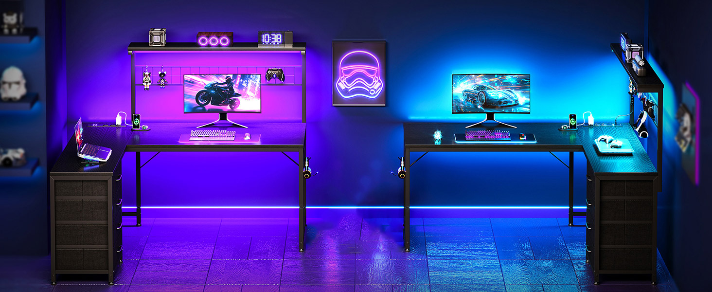 Série de présentoirs de produits à éclairage LED bleu, présentant des appareils électroniques disposés sur des étagères lumineuses sur fond sombre.