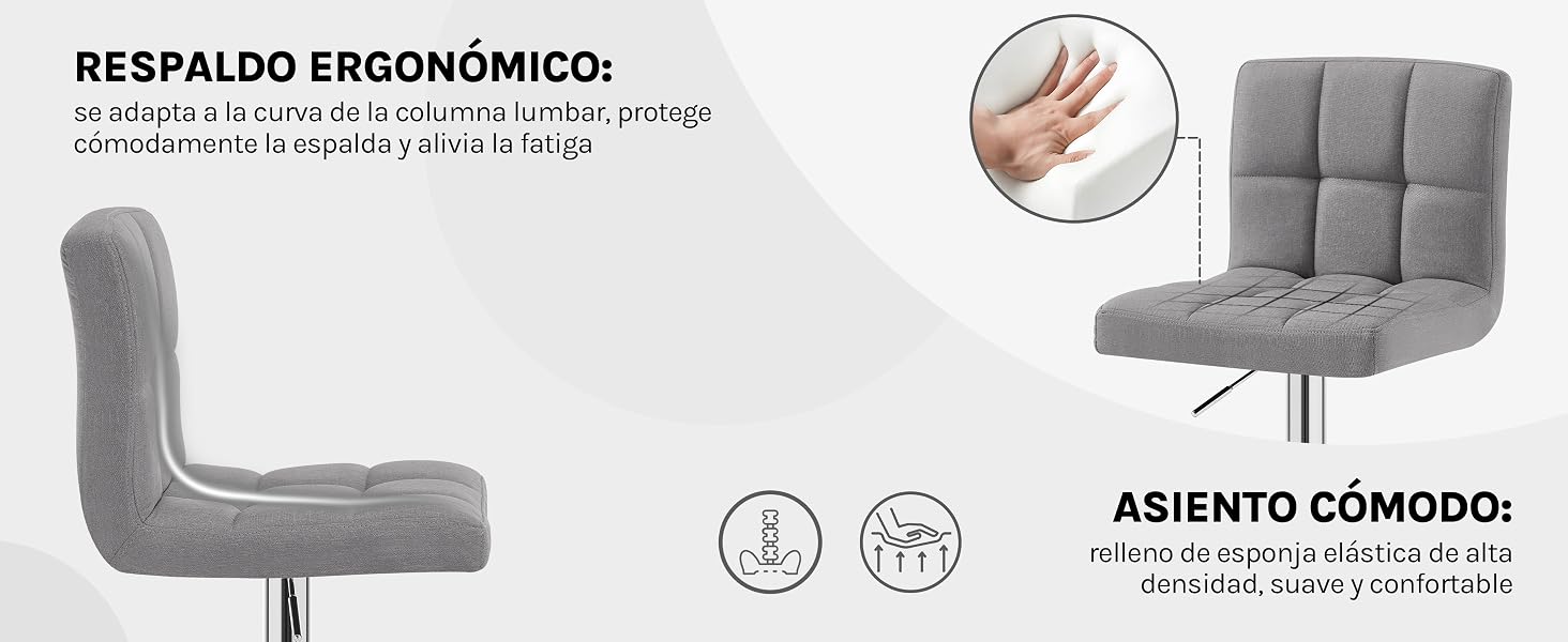 Diagrama del producto de una silla o sofá ajustable gris que muestra las características ergonómicas y las especificaciones de confort con iconos ilustrativos