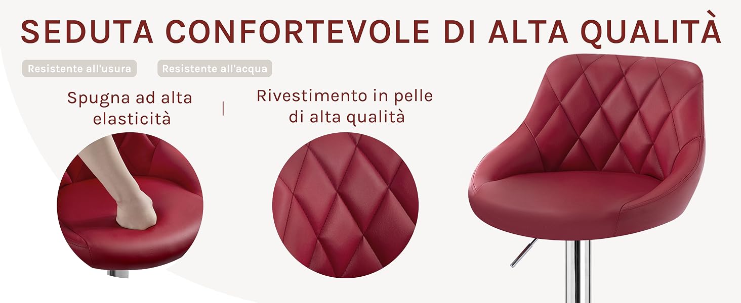 in pelle trapuntata rossa con seduta e schienale rotondi. Presenta un'imbottitura in schiuma ad alta elasticità e un rivestimento in pelle di alta qualità. Presenta cuciture a rombi su