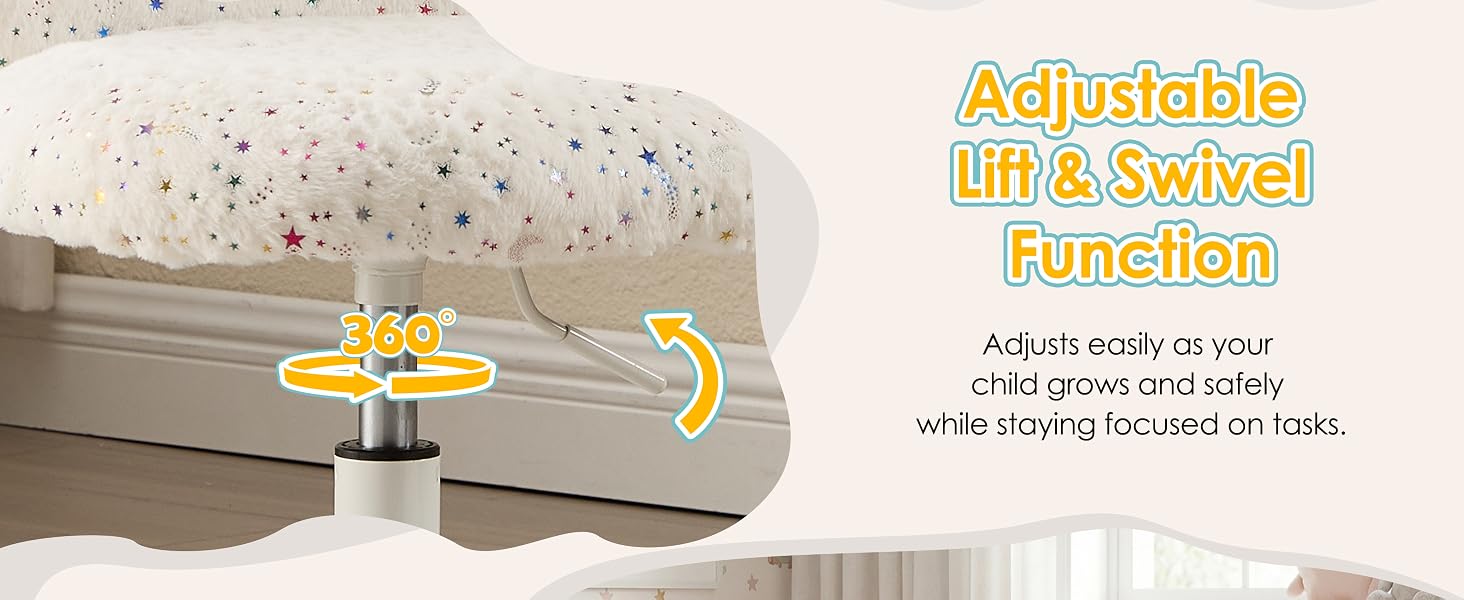 Text reads 'Adjustable Lift &amp; Swivel Function'. Product feature demonstration showing adjustable mechanism with arrows indicating lift and swivel movement on cushioned base.