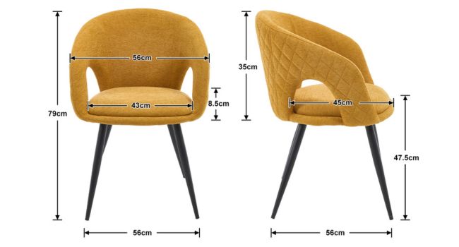 Sedia moderna con rivestimento giallo senape, schienale curvo e gambe in metallo nero. Include misure dimensionali che mostrano 78 cm di altezza e 56 cm