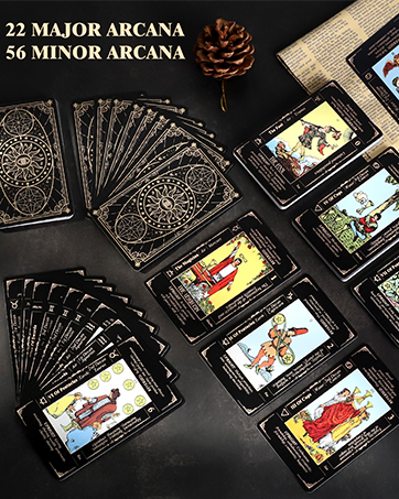 Text reads '22 MAJOR ARCANA'. Multiple tarot cards displayed in a fan pattern against dark background, showing decorative card backs with ornate geometric designs.