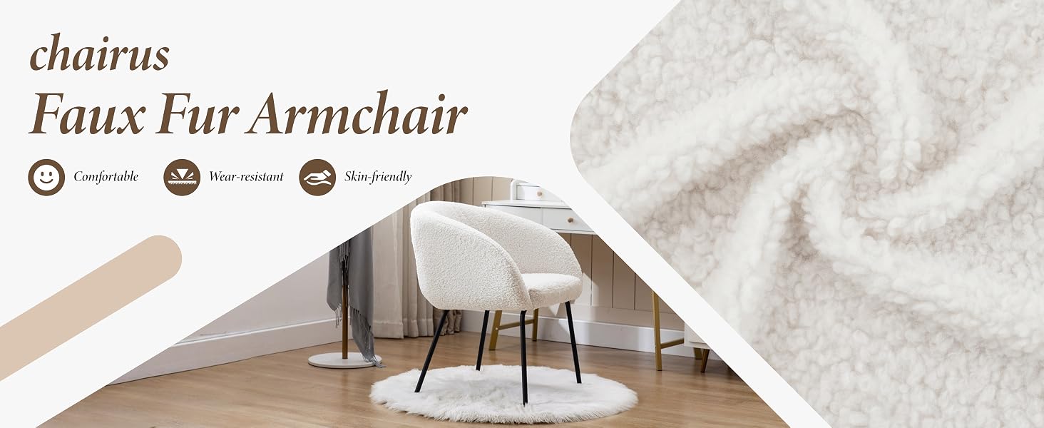 Text reads 'chairus' and 'Faux Fur Armchair'. Product images showing a modern armchair with plush faux fur upholstery in light beige/cream color, displayed from multiple angles.