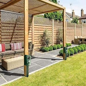 Espace de jardin extérieur comprenant une structure de pergola en bois avec des panneaux en treillis, un chemin en béton et une pelouse entretenue avec des bordures plantées.