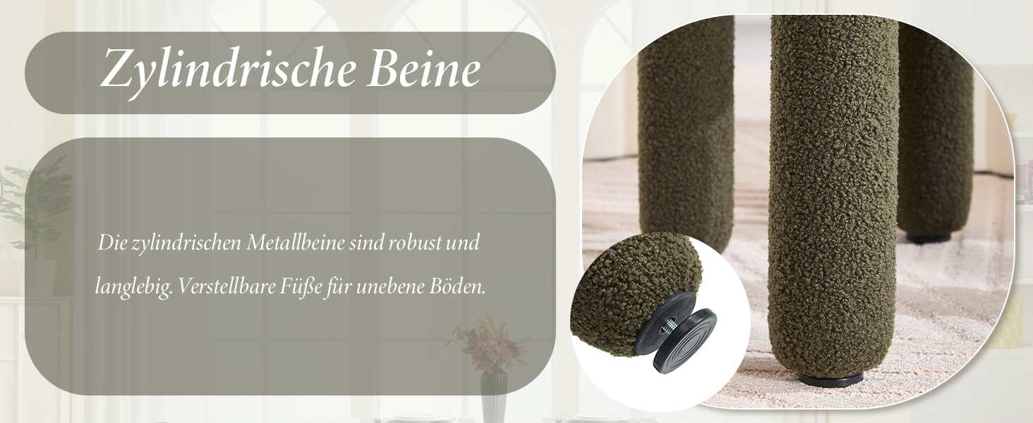 Der Text lautet „Zylindrische Beine“. Das Produktbild zeigt zylindrische oder polförmige dunkle Objekte vor neutralem Hintergrund.