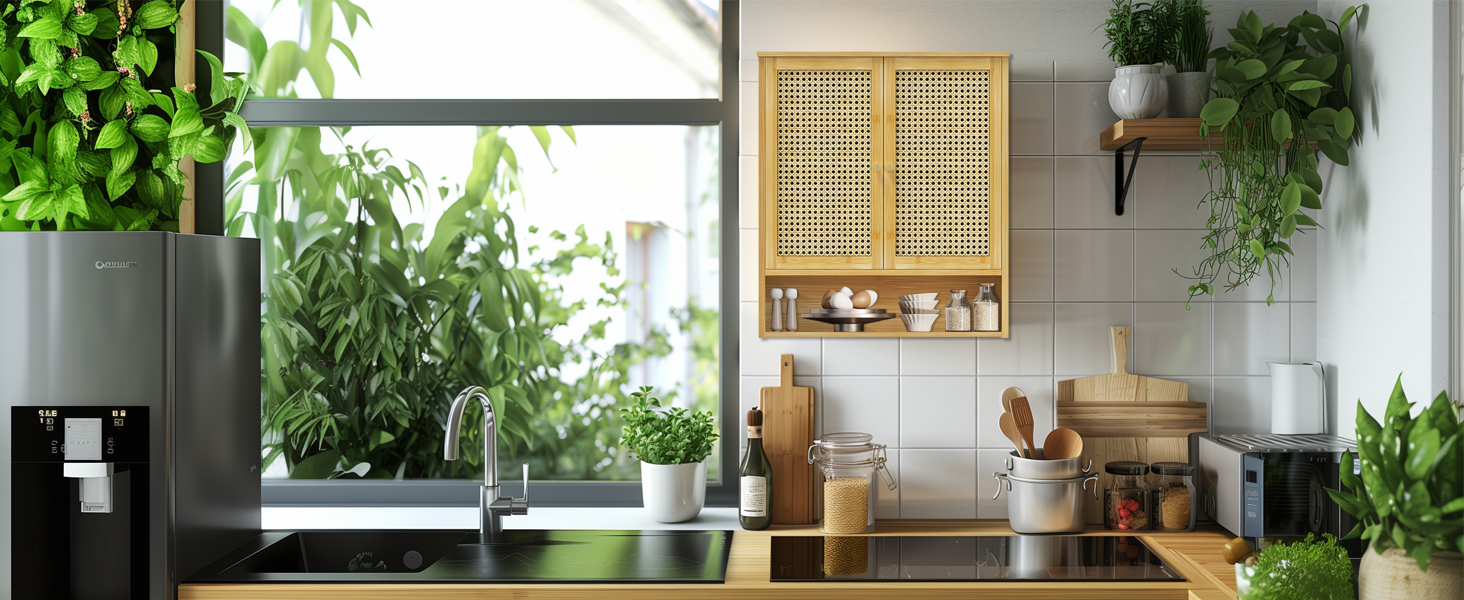 UNHO Armadietto Bagno Parete Bambù Mobile Pensile Salvaspazio Cucina Armadio Muro Sopra WC 2 Ante