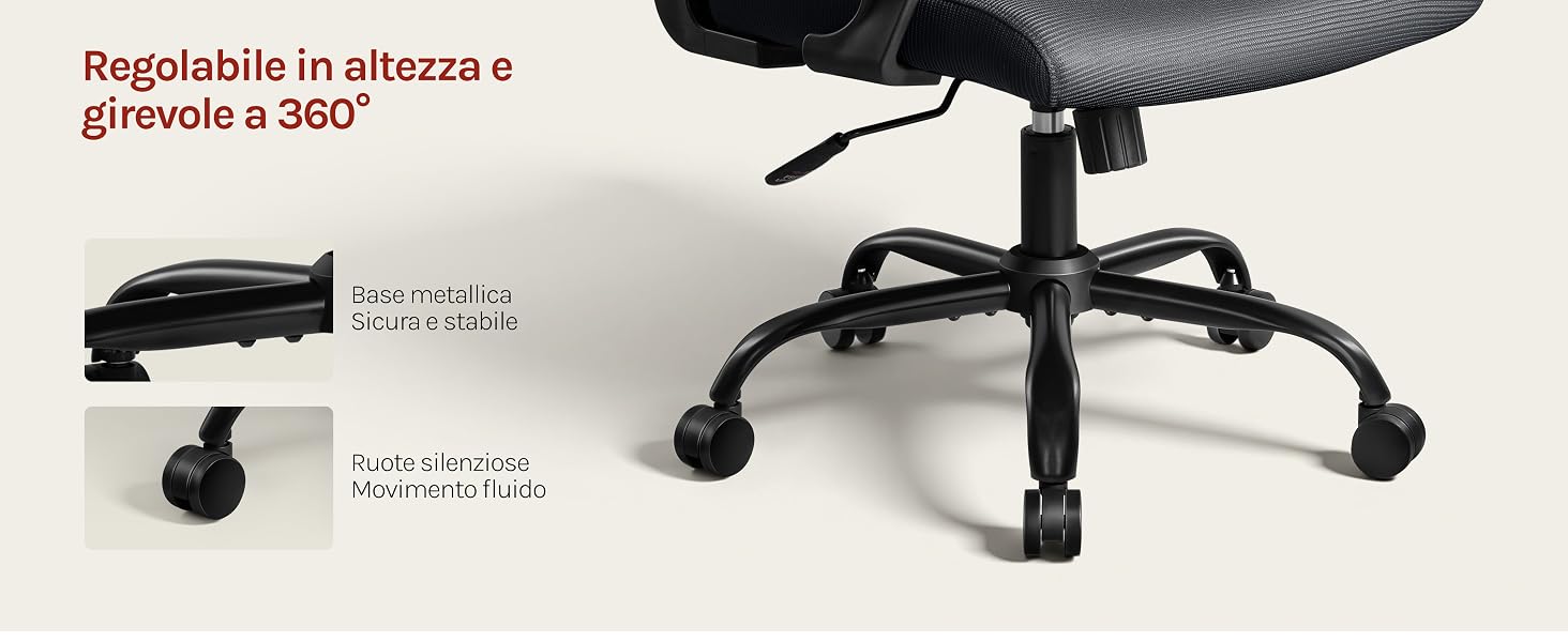 Il testo dice 'Regolabile in altezza e girevole a 360°'. Base della sedia da ufficio con meccanismo di regolazione dell'altezza e funzione di rotazione a 360 gradi.