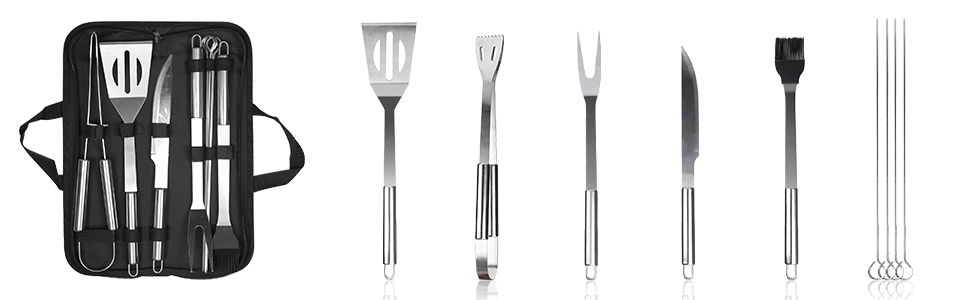 avec étui de transport, comprenant une spatule, une fourchette, une pince, un couteau, une brosse et des brochettes. Ustensiles en acier inoxydable à manches longs.