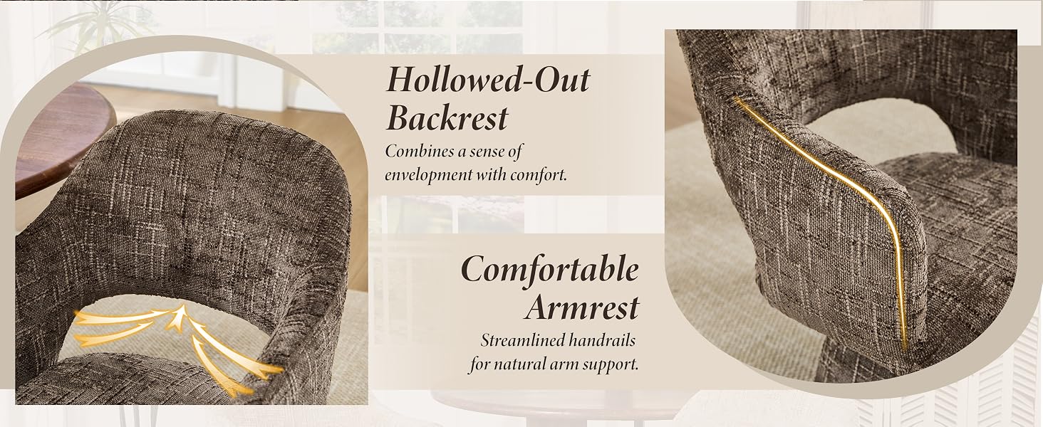 Text reads 'Hollowed Out Backrest Comfortable Armrest'