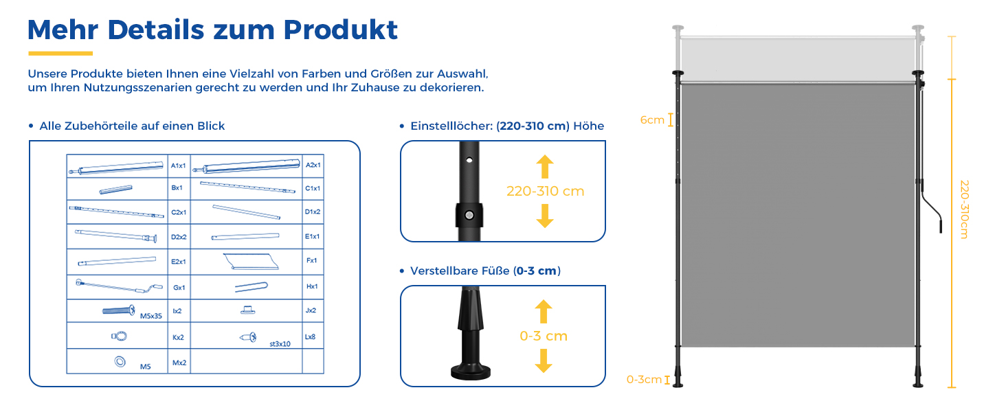 Sichtschutz oder Raumteiler für den Außenbereich mit einstellbarer Höhe und Breite Enthält detaillierte Produktspezifikationen, Abmessungen und ein Diagramm der Montageteile