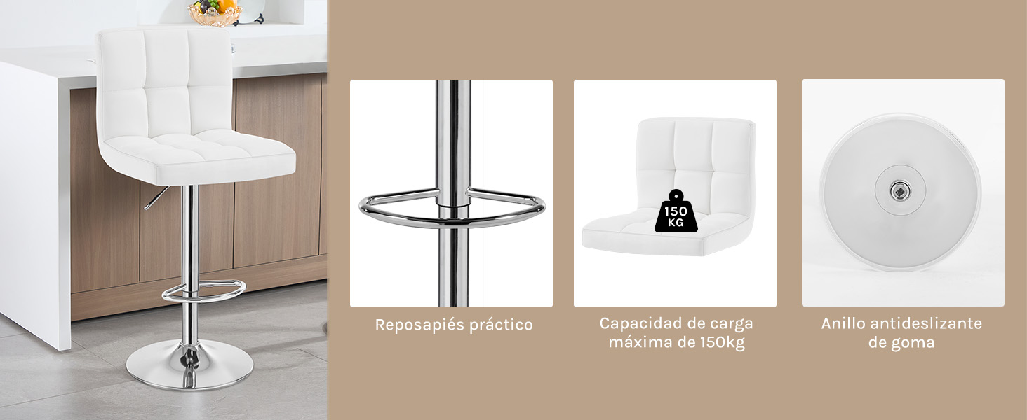 con cojín capitoné y base cromada. Las características incluyen un reposapiés, una capacidad de peso de 150 kg y un anillo de base antideslizante