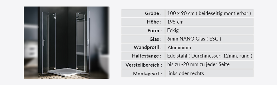 Duschkabine Eckeinstieg Pendeltür NANO Glas 90x100 195 Scharnier Duschtür Duschabtrennung Duschwand
