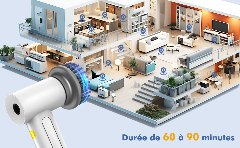montrant la couverture des appareils de désinfection dans les espaces intérieurs de la maison, avec un dispositif de désinfection blanc à éclairage bleu. L'indicateur de durée indique 60 à 90 minutes.