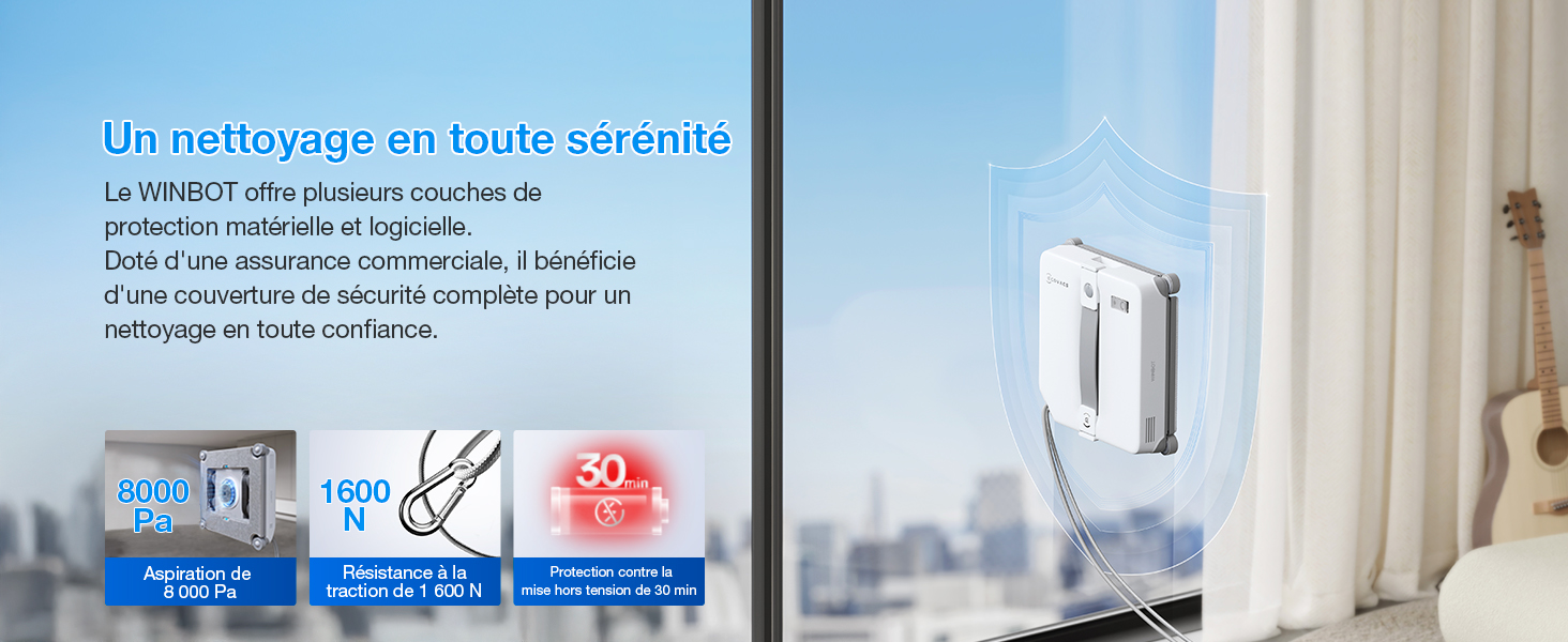 Graphique marketing montrant l'icône de chargement de la batterie et les caractéristiques de maintenance d'un appareil robotique, avec une palette de couleurs bleu et blanc.