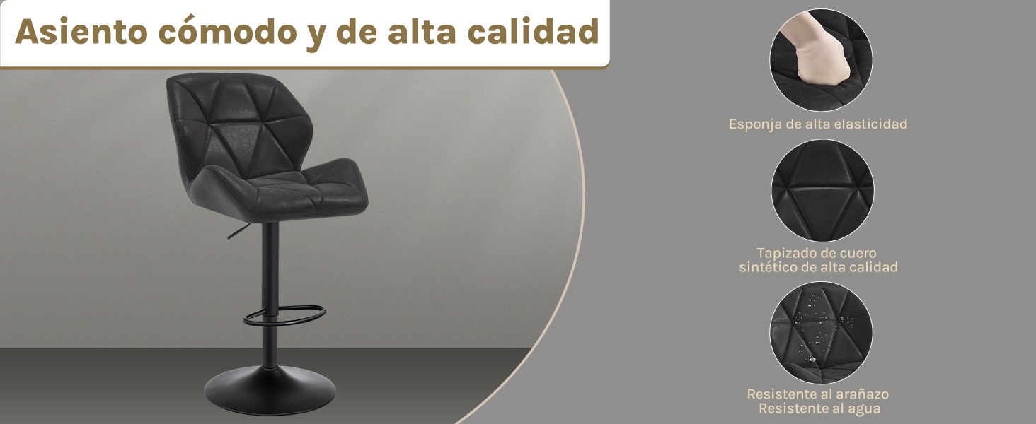 con asiento y respaldo de piel sintética con costuras de diamante. Las características incluyen un acolchado de alta calidad, una base de metal resistente y una funcionalidad de giro de 360 grados