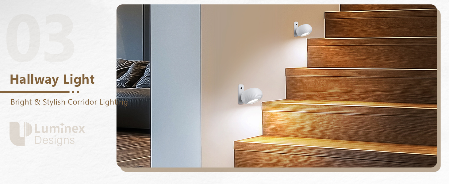 Der Text lautet „Hallway Light“. Mehrere Produktfotos zeigen Holzböden mit LED-Streifenbeleuchtung entlang der Fußleisten, die für eine stimmungsvolle Beleuchtung in Flurräumen sorgen.
