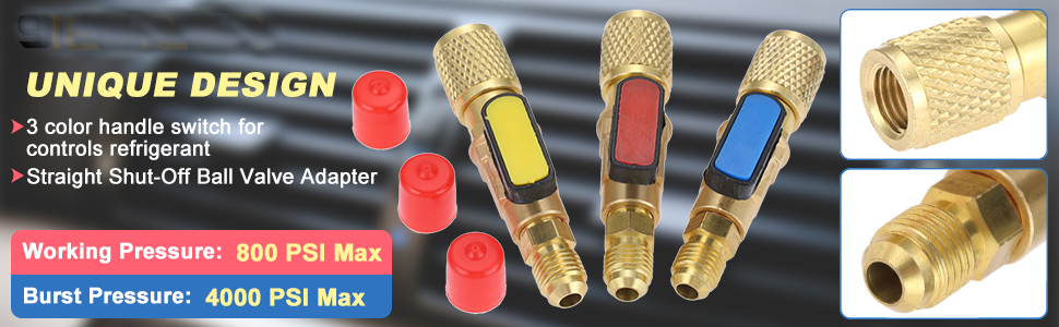 Set of three brass-colored spray nozzles with color-coded tips. Text indicates unique design, 3 spray patterns, and pressure specifications.