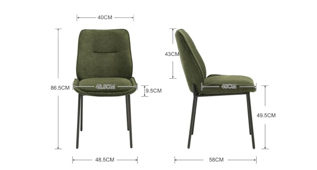 Sedia da pranzo imbottita verde oliva mostrata dagli angoli anteriore e laterale con le misure delle dimensioni etichettate. Presenta gambe in metallo nero, sedile e schienale imbottiti, circa 86 cm di altezza e 52 cm di larghezza.