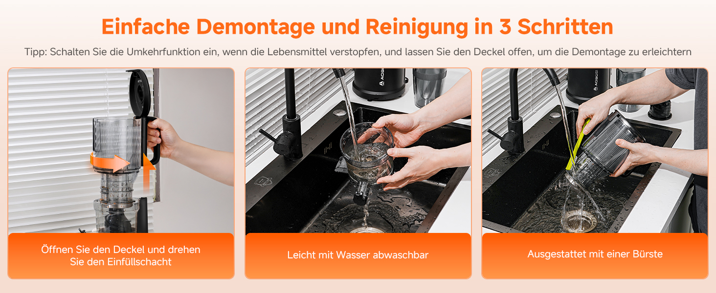 Der Text lautet „Einfache Demontage und Reinigung in 3 Schritten“. Das dreiteilige Anleitungsbild zeigt Handvorführungen der Montageschritte mit orangefarbenen Trennwänden zwischen den Paneelen.