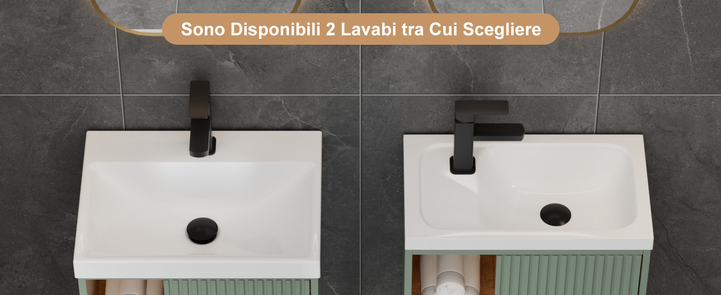 Serie di immagini che mostrano lavelli o bacini in ceramica bianca montati su superfici scure, che mostrano diverse opzioni di installazione o montaggio.