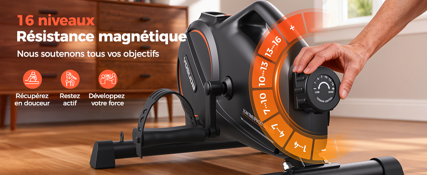 Le texte indique « 16 niveaux » et « Résistance magnétique ». Interface d'équipement de fitness affichant des commandes de résistance magnétique avec 16 niveaux indiqués par des segments orange et noir.
