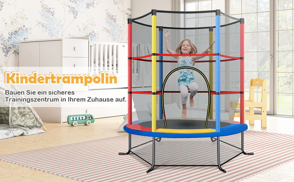 Ø140cm Gartentrampolin mit Sicherheitsnetz, Trampolin bis 45KG belastbar, Indoor-/Outdoortrampolin 
