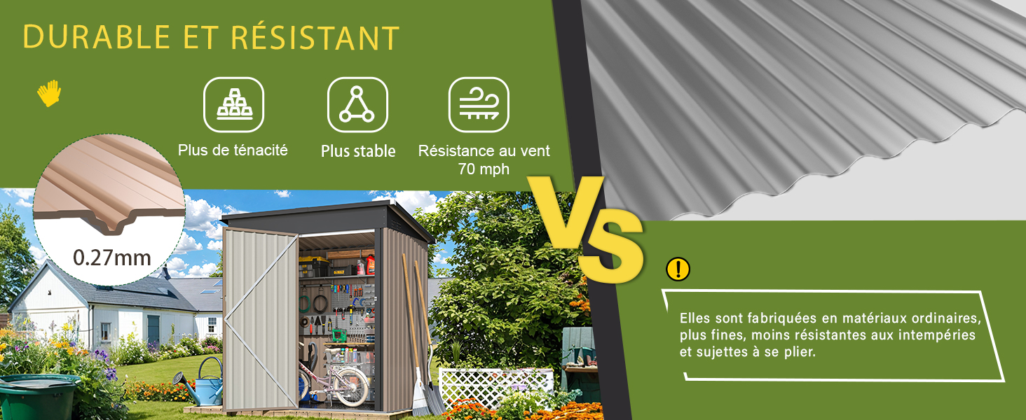 Le texte indique « DURABLE ET RÉSISTANT ». Graphique marketing présentant une comparaison des panneaux muraux avec les spécifications techniques et des vues d'installation des applications de construction extérieures.