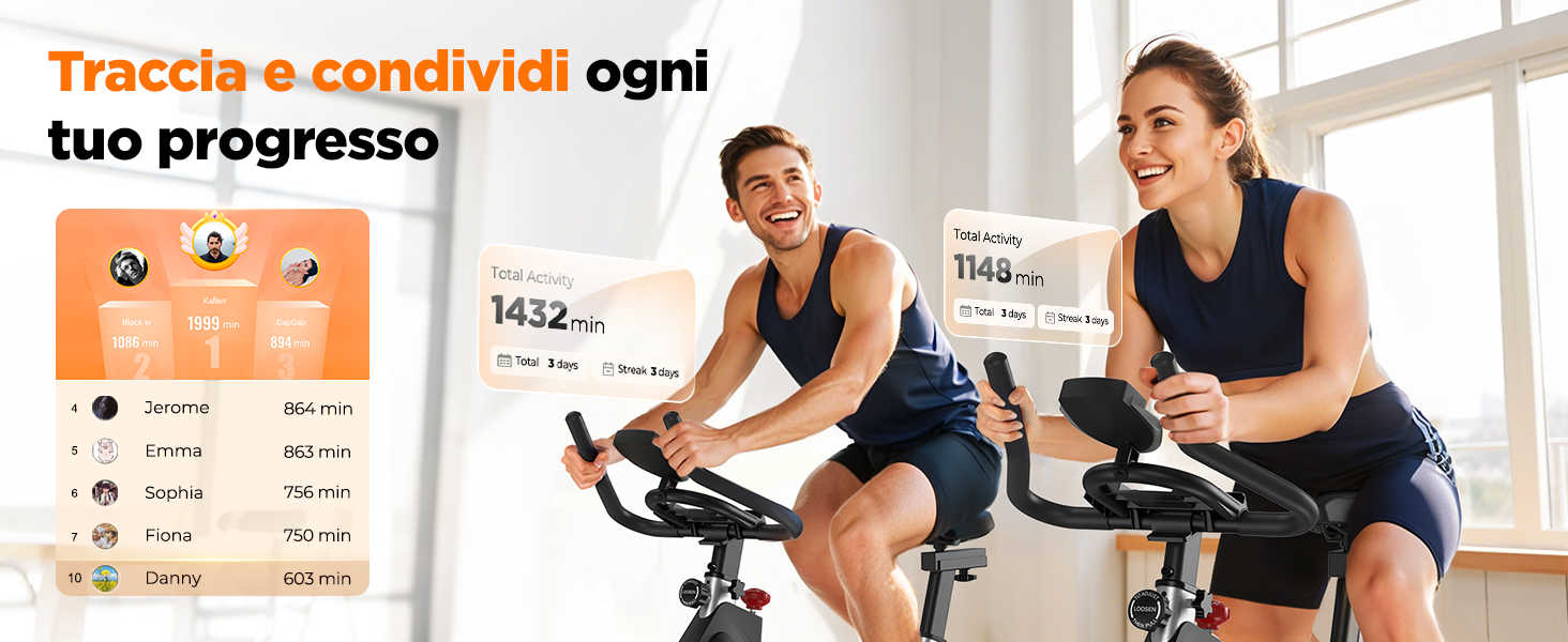 Il testo dice 'Immagine 3' e 'Traccia e condividi ogni tuo progresso'. Raccolta di immagini che mostrano scene di allenamento in cyclette e interfacce per il monitoraggio dei progressi.